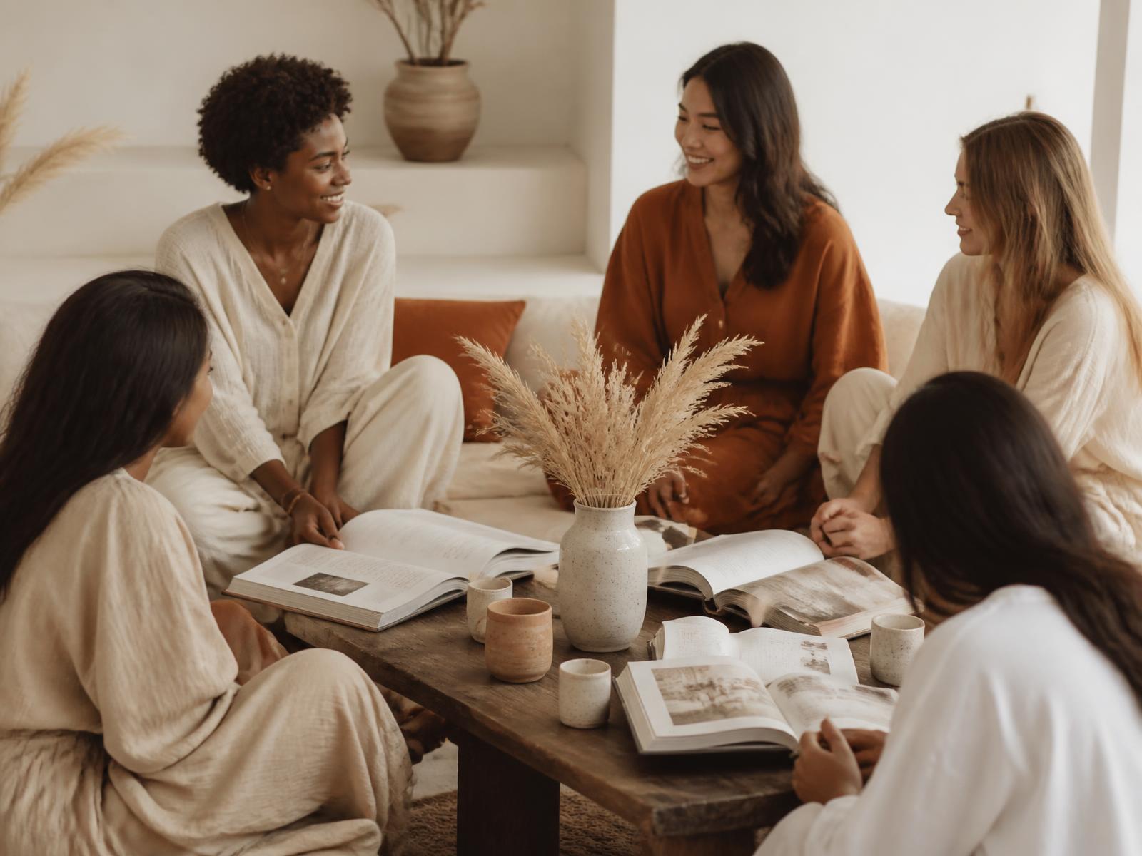 Women gathered around a low table with open books and tea